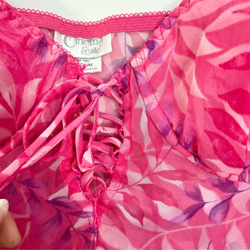 Vintage 90s pink purple leaf print chiffon lace up bustier chemise nighty M - Picture 12 of 17